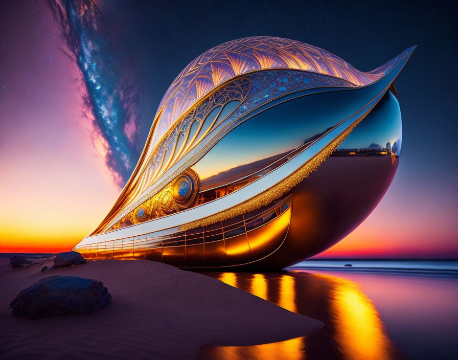 Futuristic boat with intricate designs on sandy shore at twilight