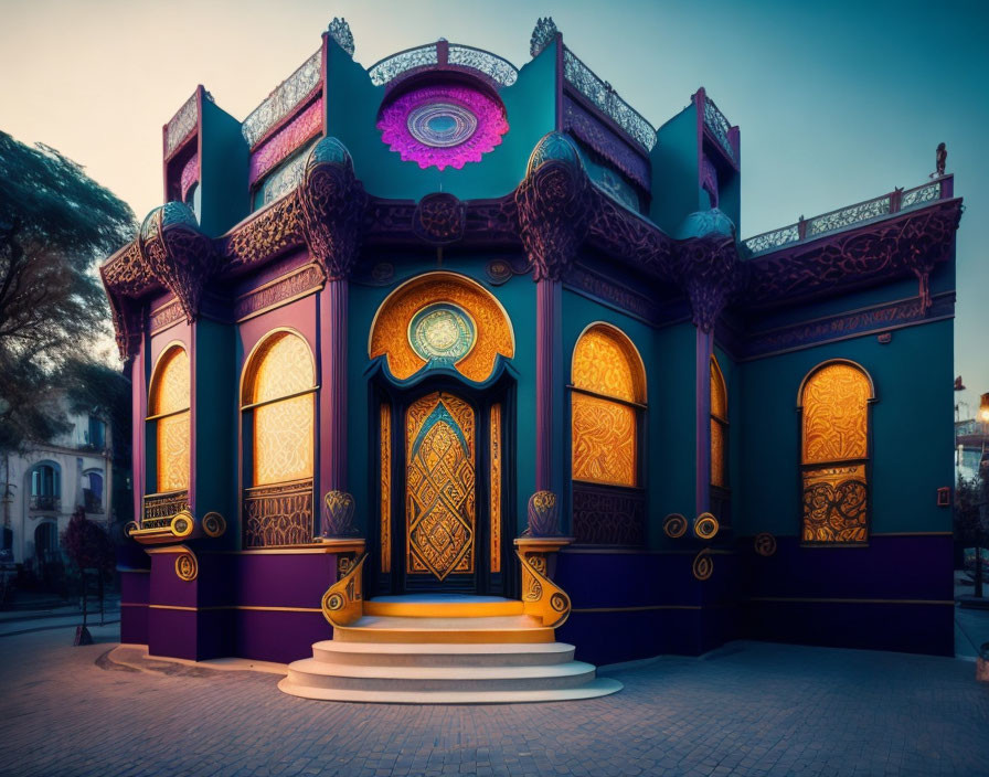 Vibrant building with purple and gold details and arched windows at twilight