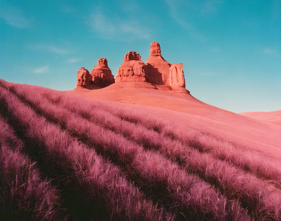 Colorful landscape with rock formations under blue sky and pink-hued foreground