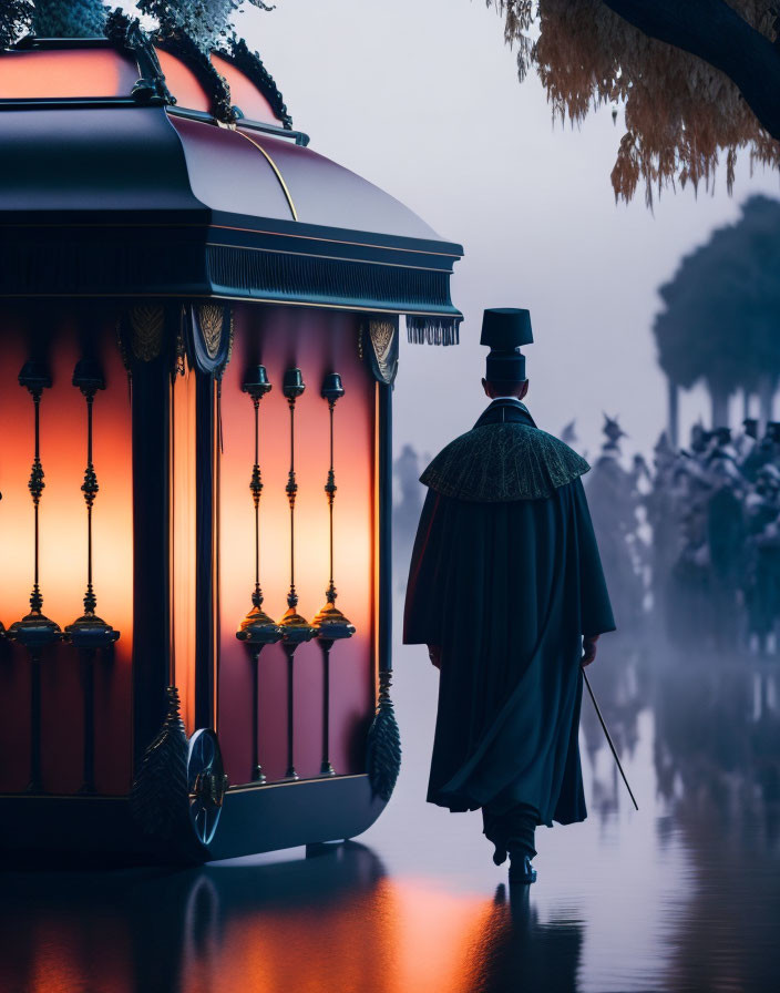 Traditional garb figure near lantern-lit carriage in misty twilight