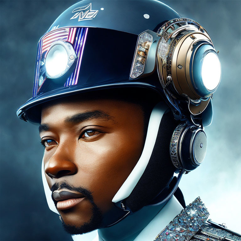 Futuristic helmet with visor and earphones on man against blue-gray background