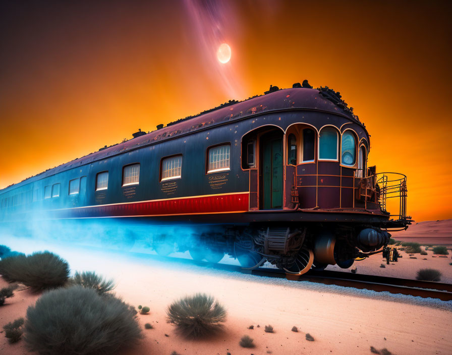 Vintage Train Moving Through Desert at Sunset with Illuminated Windows