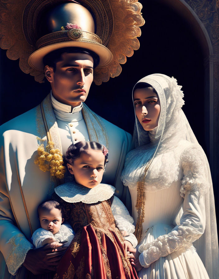 Historical family portrait with man, woman, child, and baby in period clothing