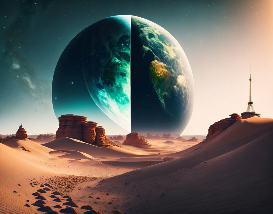 Surreal desert landscape with large sand dunes and oversized planet earth rising above a distant tower structure