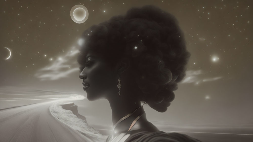 Silhouette of Woman with Afro Against Celestial Backdrop