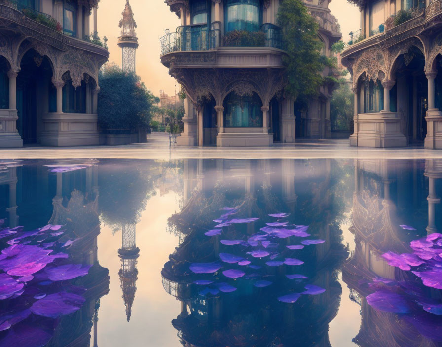 Purple-hued reflection of ornate building with balconies and minaret tower in still water.