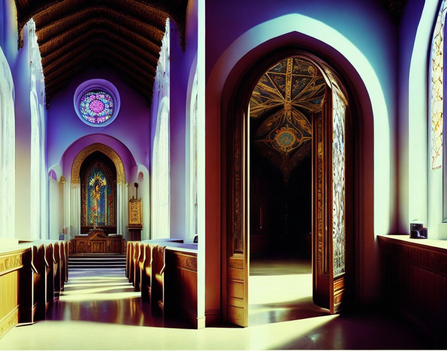 Church interior with colorful stained glass windows and ornate walls.