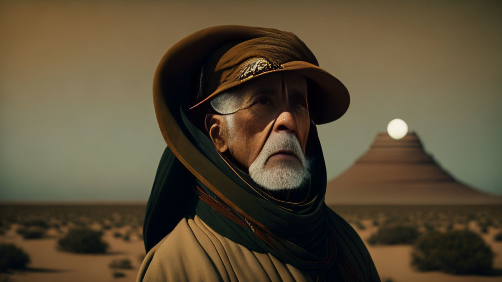 Elderly man in desert attire gazes at sunset near pyramid-shaped mountain