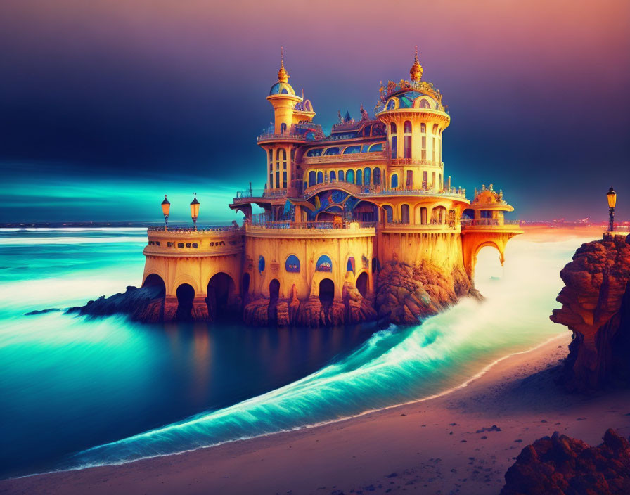 Palace with Golden Domes on Cliff Overlooking Turquoise Sea