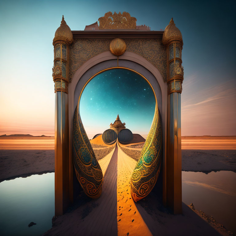 Ornate arching doorway in desert twilight with spherical structures