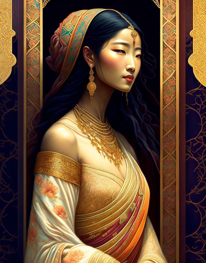 Illustrated woman in traditional Indian attire with intricate gold jewelry against ornate door patterns