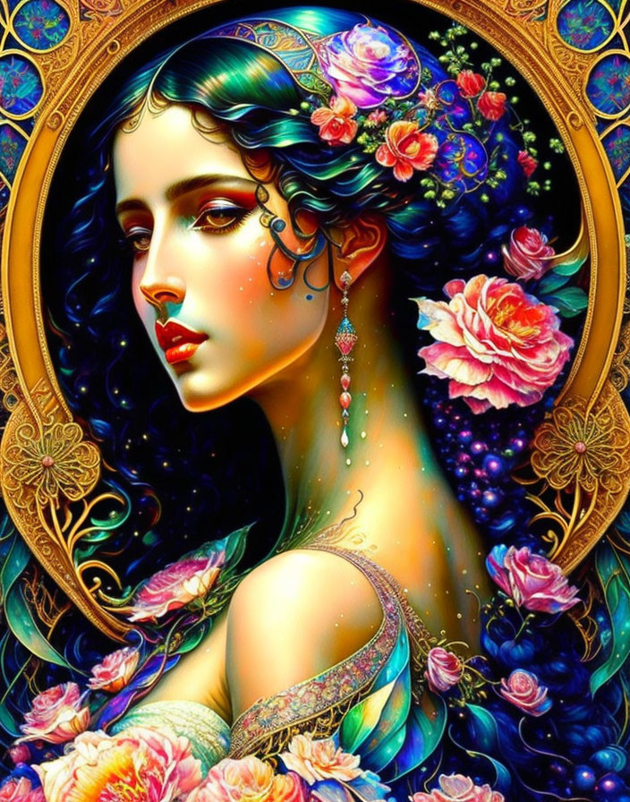 Portrait of woman with dark hair, vibrant flowers, intricate jewelry, and golden frame