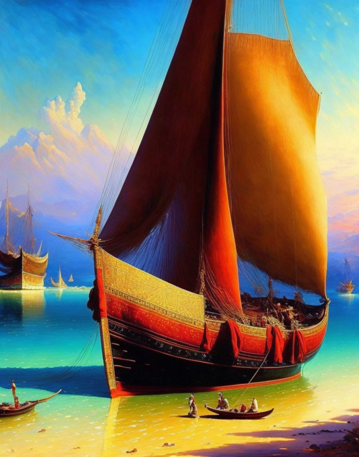 Traditional sailboat painting with red sail near golden beach & serene blue sky