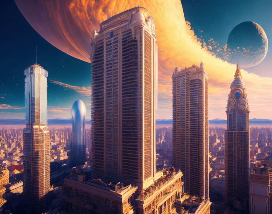 Futuristic cityscape with towering skyscrapers under an alien sky