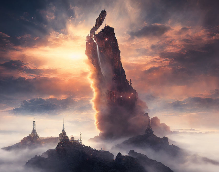 Stunning sunset scene: floating rock formation, waterfalls, misty landscape, and structures on peaks