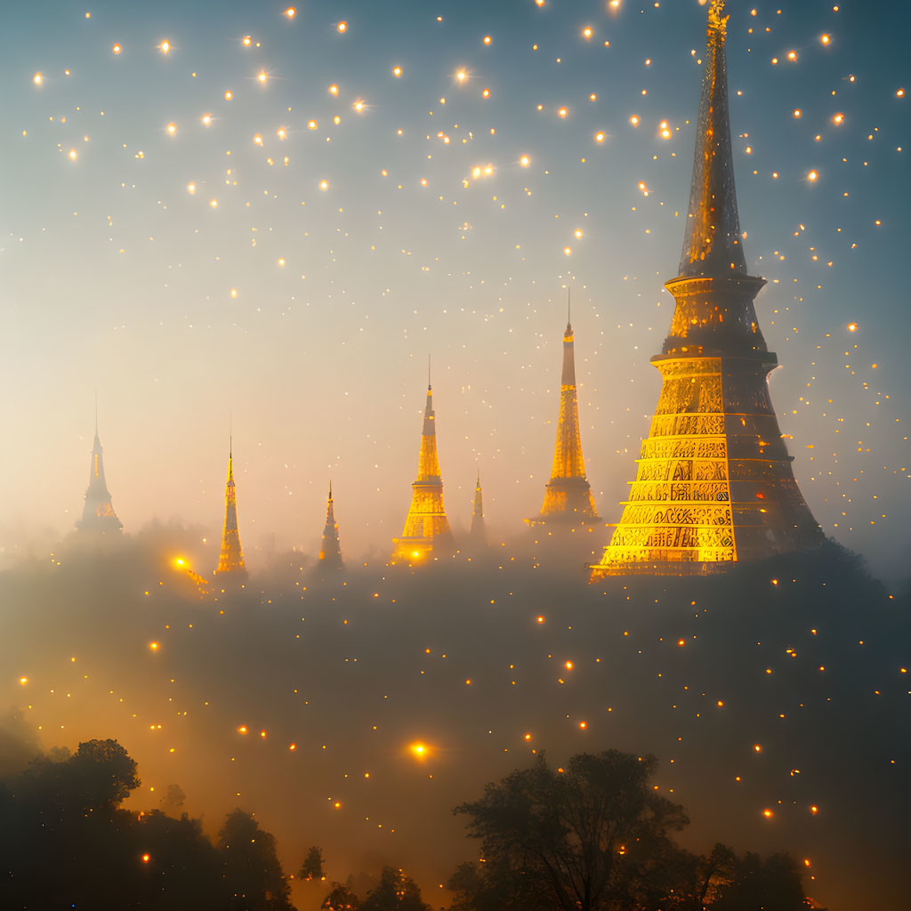 Golden temple spires shining in mystical fog with glowing lights, creating ethereal scene