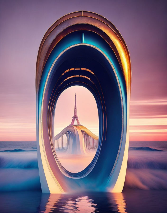 Surreal architectural structure with futuristic tower against vibrant ocean sunset