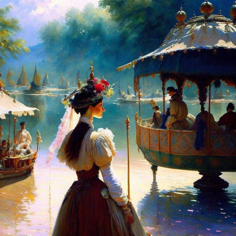 Traditional dress woman with parasol by river and carousel pavilion