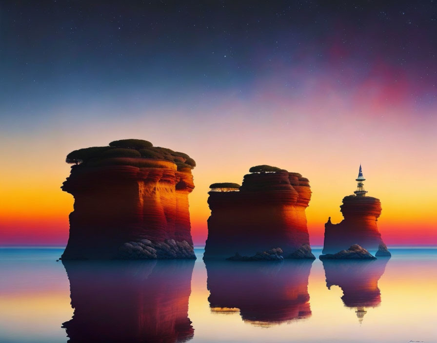 Majestic rock formations in twilight waters with aurora reflections