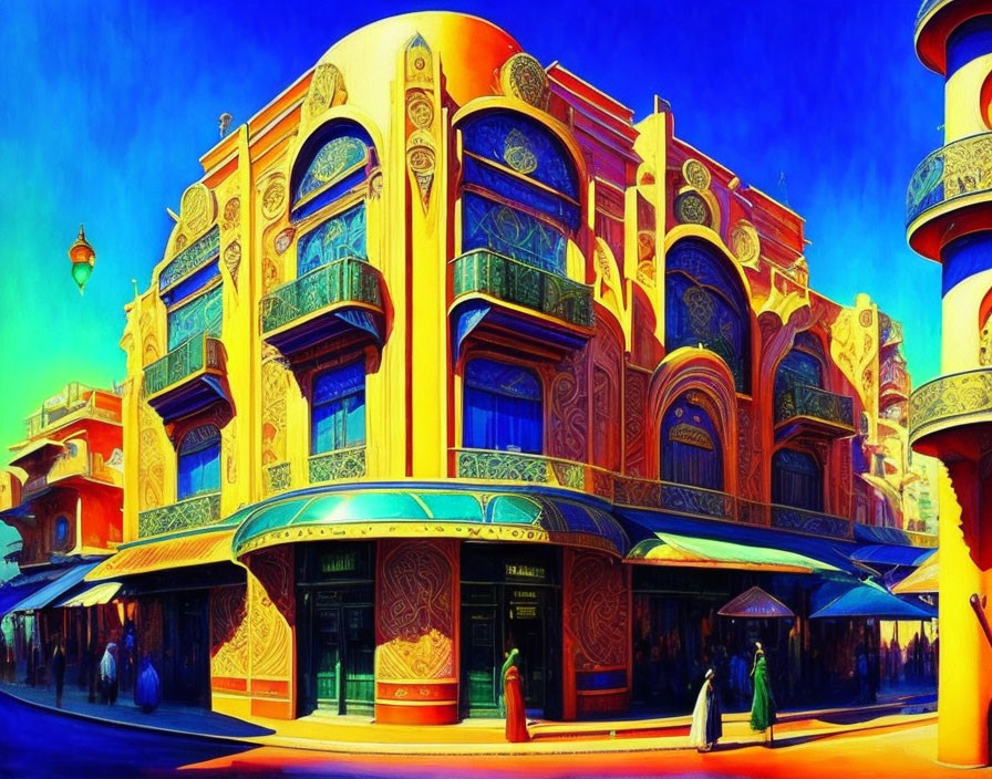 Colorful painting of Middle Eastern building with intricate decorations and traditional attire.