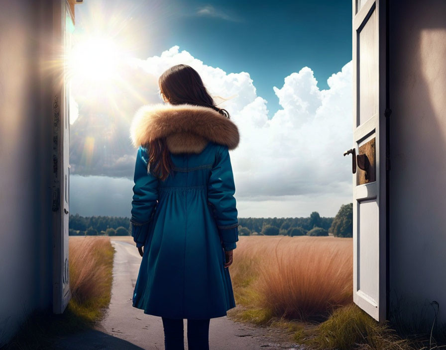 Person in Blue Coat with Fur-Lined Hood Standing at Open Door in Sunlit Field