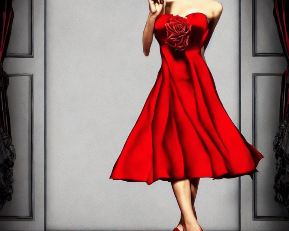 Woman in Red Strapless Dress Holding Mask Against Patterned Backdrop