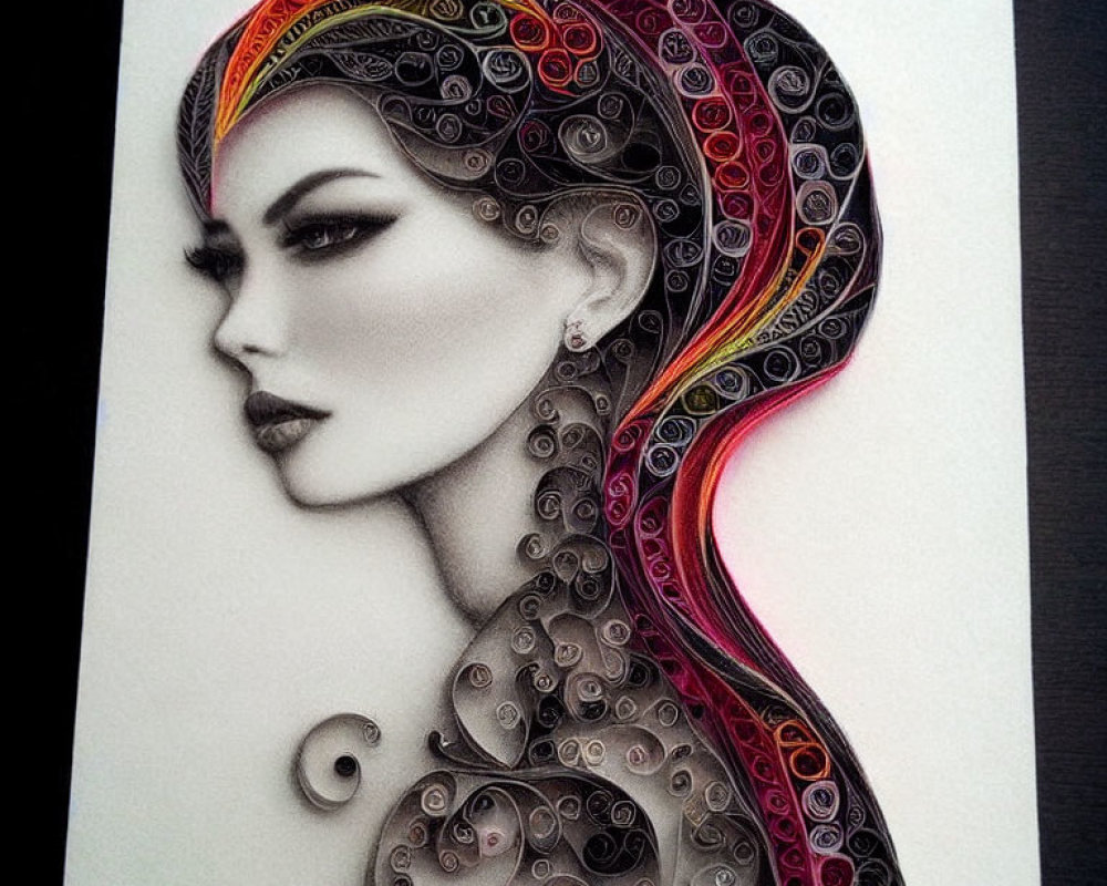 Intricate Quilled Paper Design of Woman's Profile in Black, Red, and Yellow