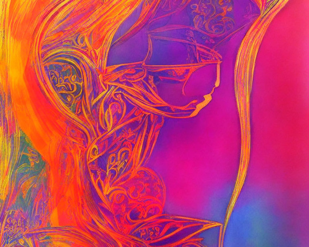 Abstract portrait in hot pink and orange hues with intricate patterns and sunglasses.