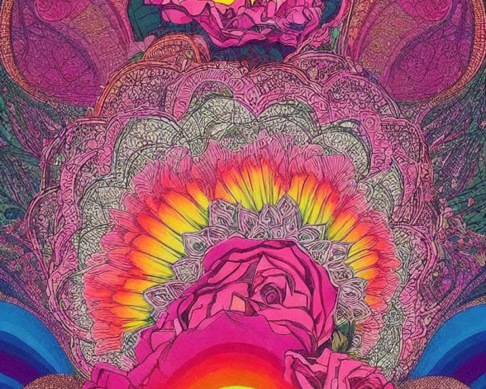 Colorful central rose with rainbow aura surrounded by smaller roses on intricate psychedelic background