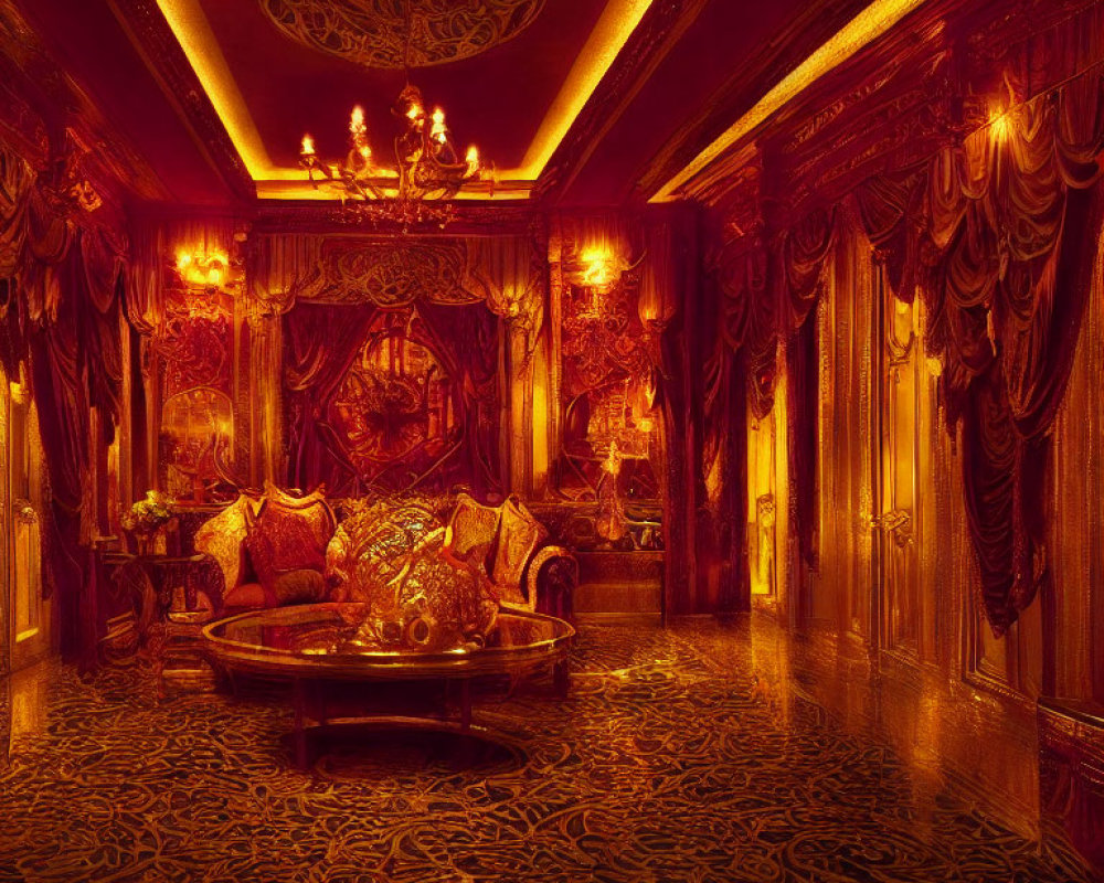 Luxurious Vintage Room with Red Velvet, Ornate Furniture & Golden Lighting