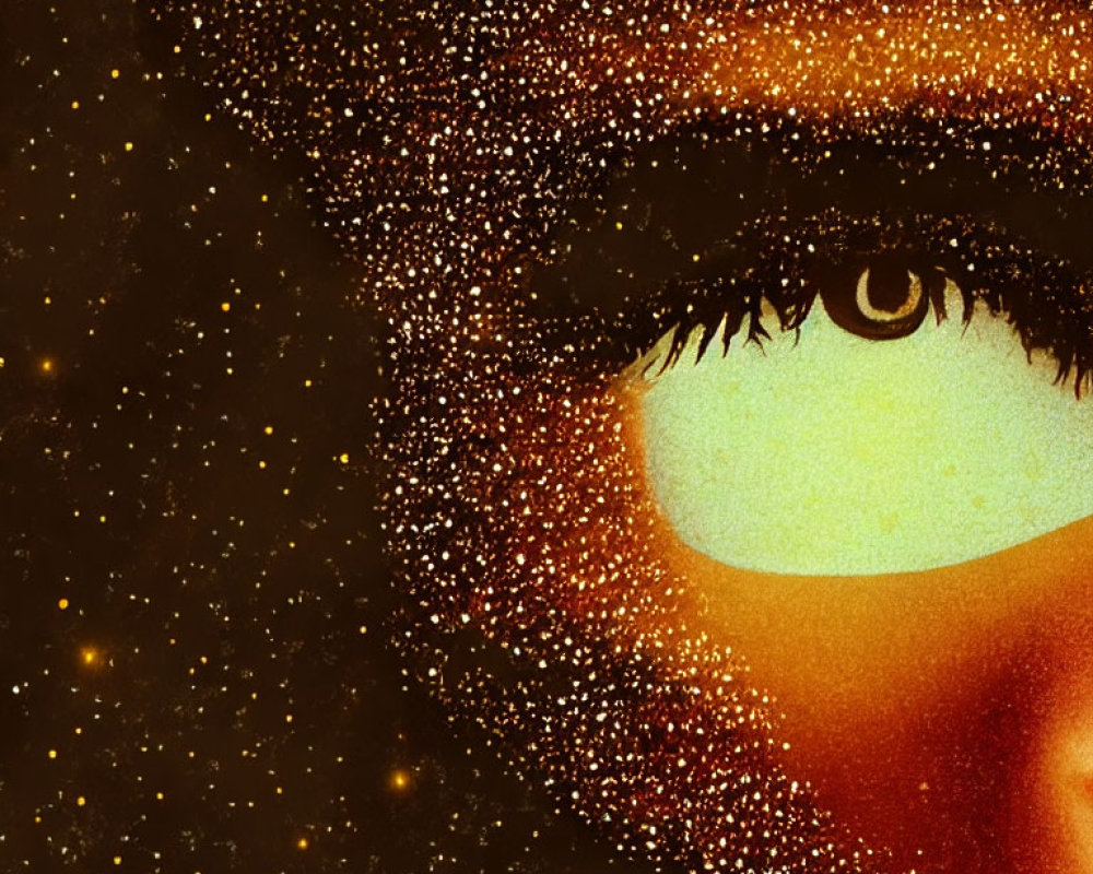 Galaxy-themed human eye with star-like speckles in warm tones