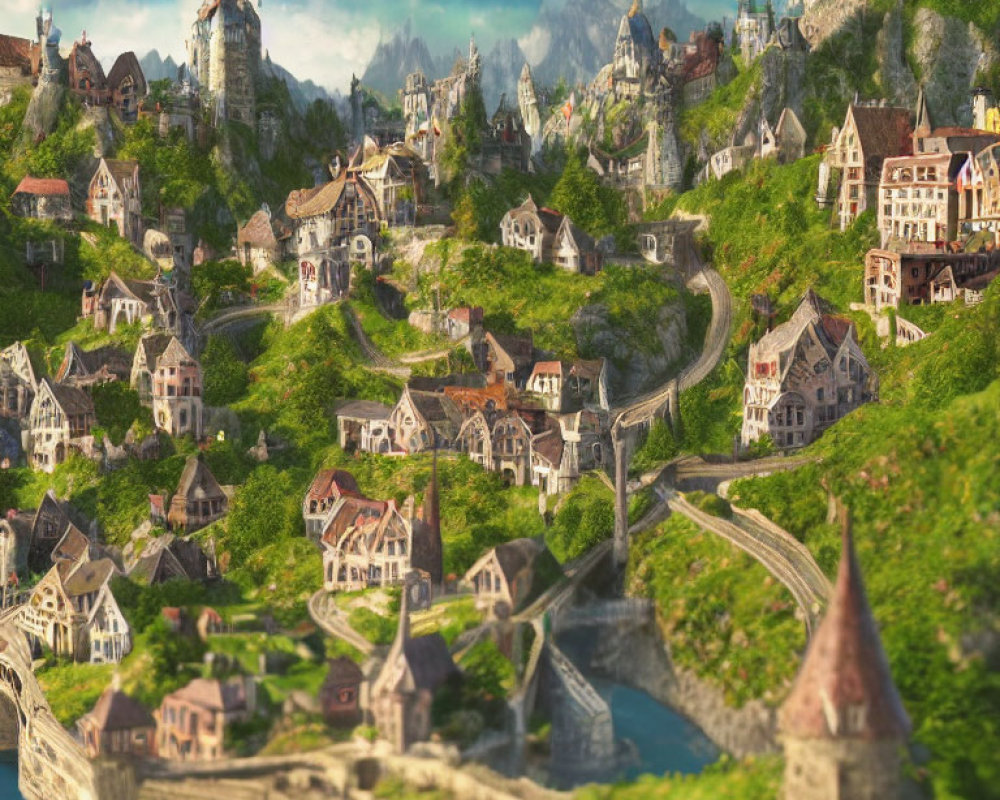 Medieval fantasy village with stone houses, castle, bridges, and greenery