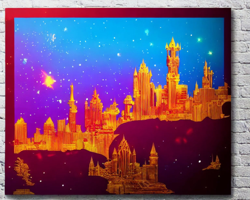 Fantasy cityscape artwork with glowing golden buildings on white brick wall