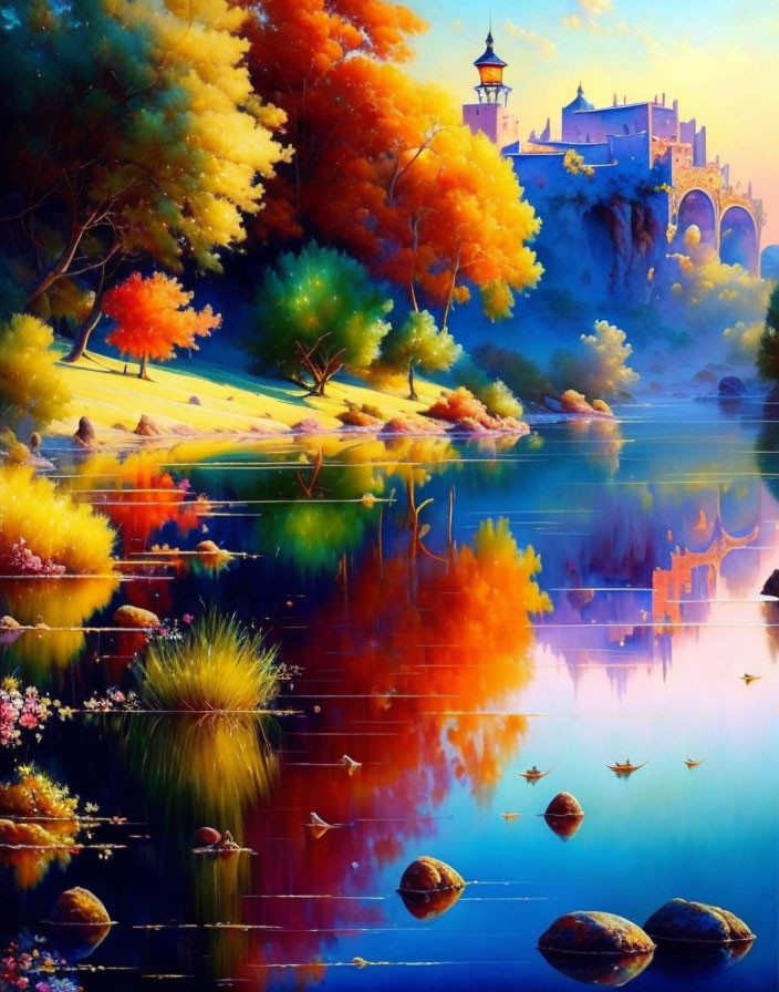 Colorful Autumn Landscape with Lake, Castle, and Blue Sky