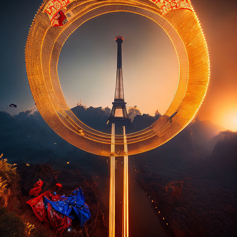 Circular bridge glowing at dusk over rugged terrain with traditional clothing.