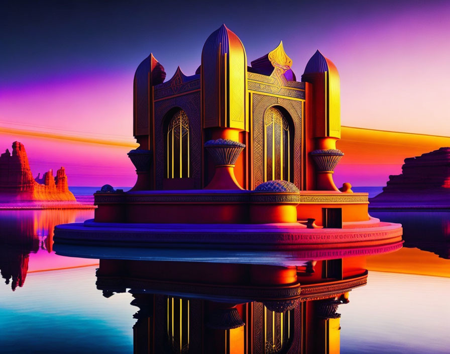 Ornate golden building against purple sunset reflection