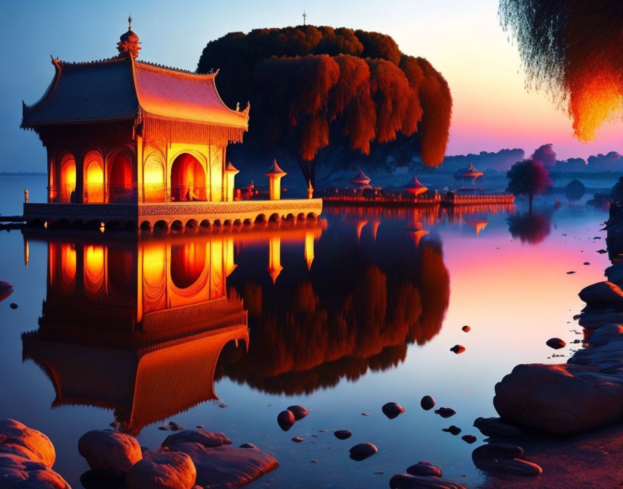 Tranquil lakeside twilight scene with Asian pagoda reflection, lush trees, and scattered stones