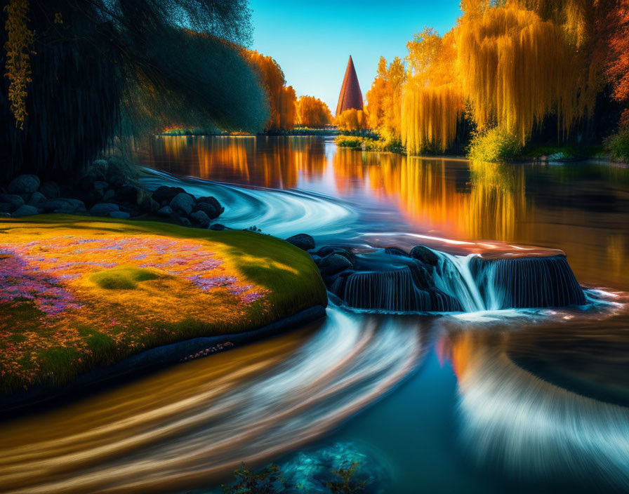 Colorful Autumn Landscape: Waterfall, Trees, River, and Purple Flowers