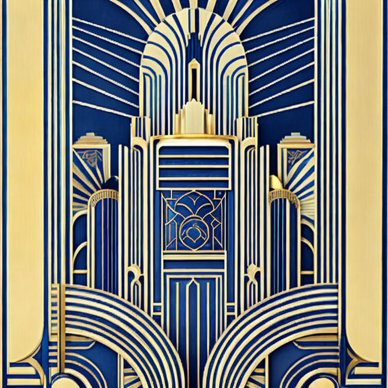 Symmetrical Art Deco Paper Cutout: Gold & Blue Geometric Patterns