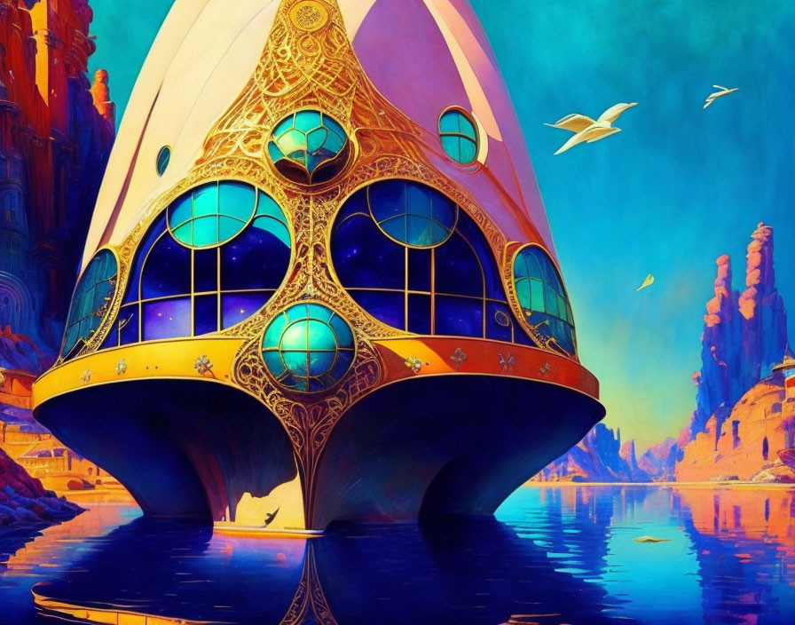 Futuristic building with golden designs by water and surreal landscape