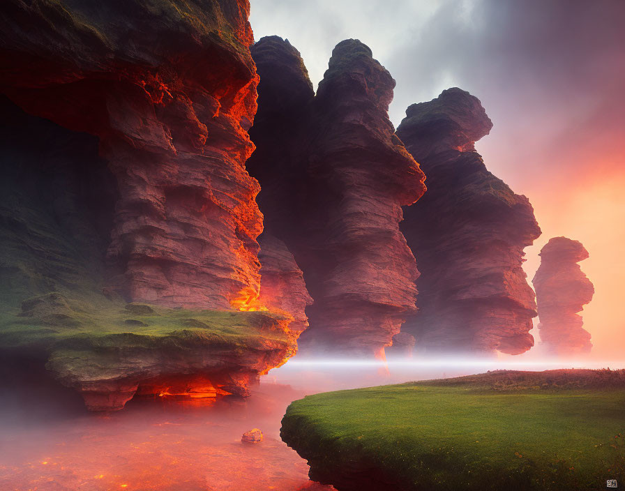 Majestic misty rock formations in serene landscape