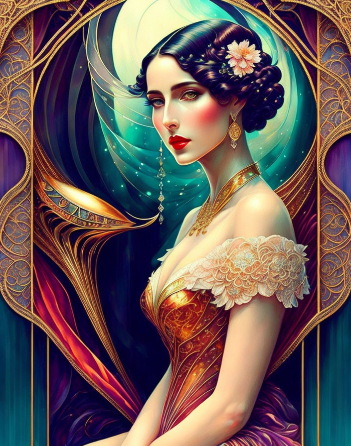 Elegant Woman Art Nouveau Illustration with Vibrant Colors