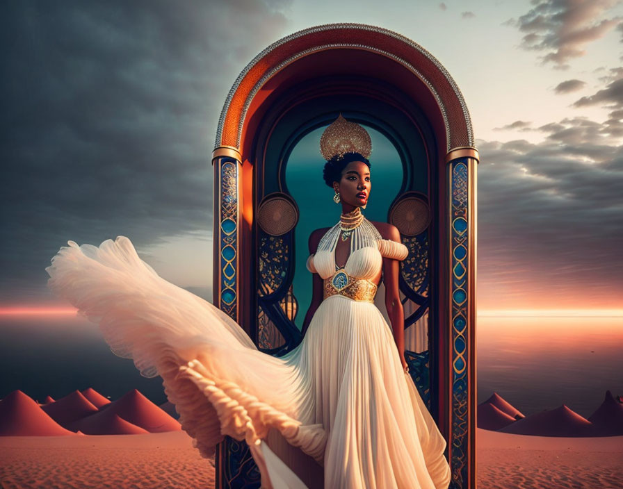 Regal woman in white dress on throne against desert sunset.