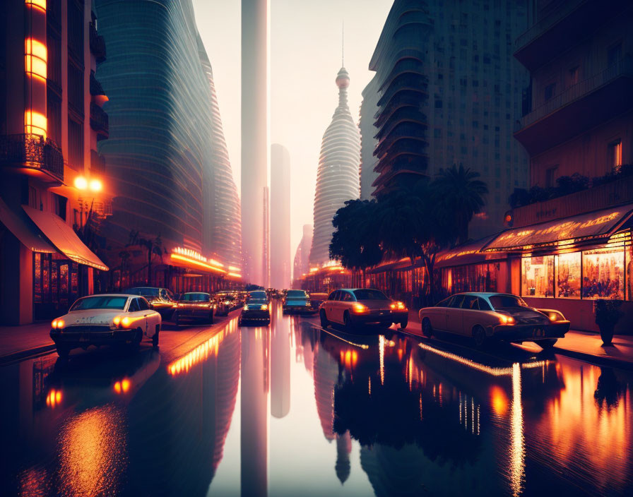 Futuristic cityscape at twilight with neon lights and skyscrapers