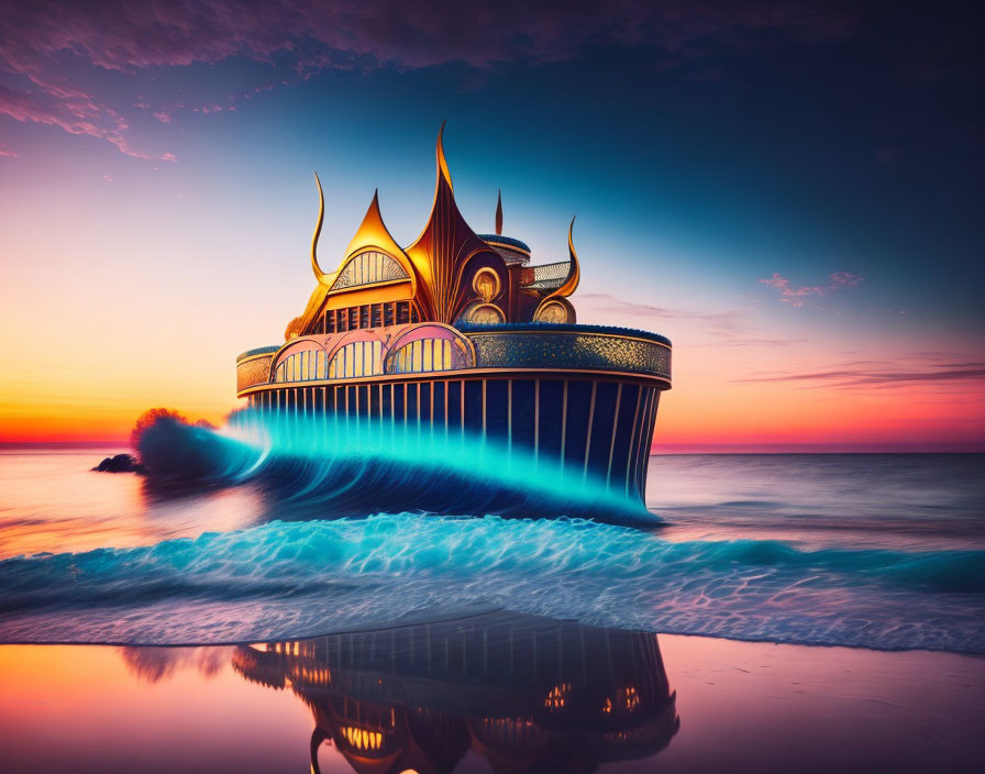 Palace-like structure with golden spires on ocean waves at sunset