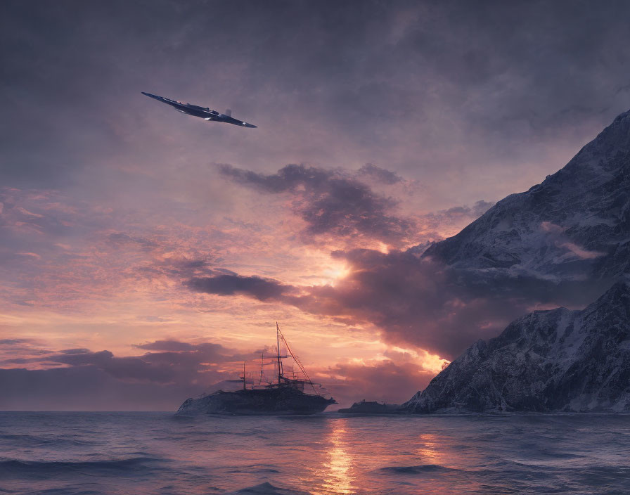 Airplane flying over shipwreck in dramatic seascape at sunset