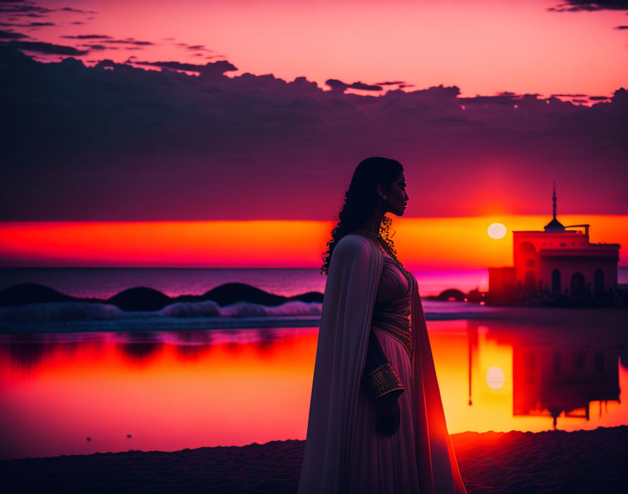 Woman's silhouette at beach during vibrant sunset with water reflections.