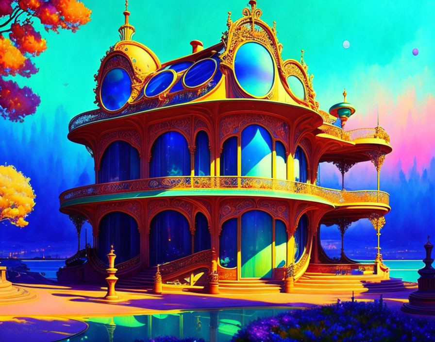 Fantastical landscape featuring golden house and dual moons