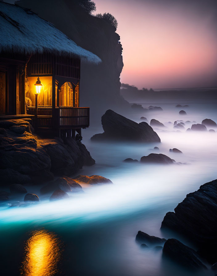 Thatched-roof hut on cliff rocks overlooking misty blue waters at sunset