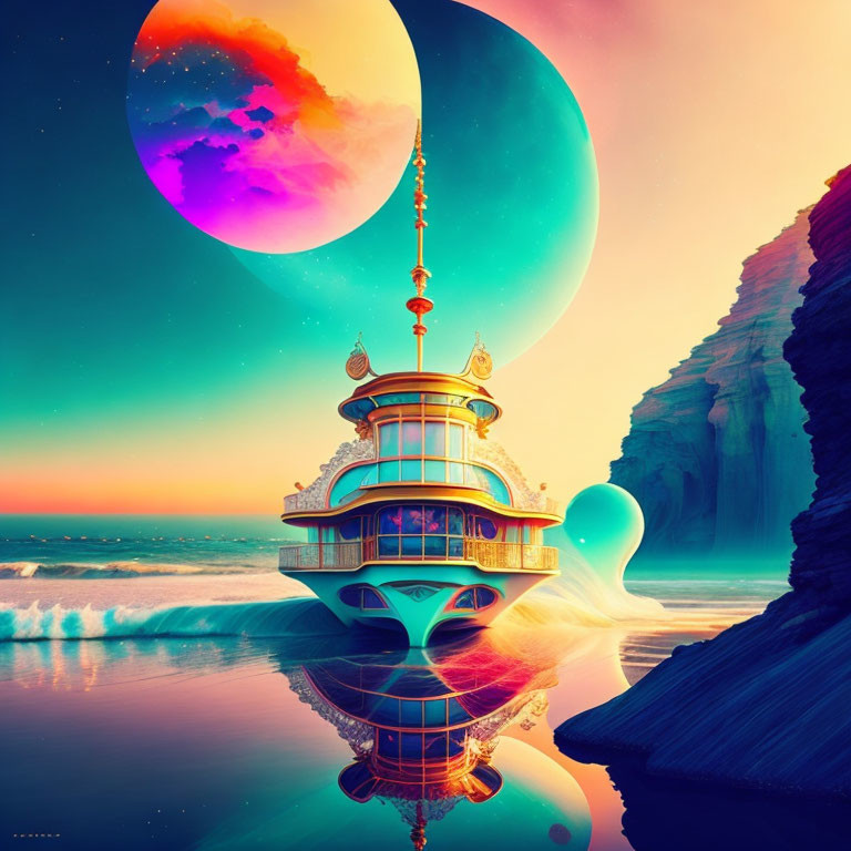 Colorful fantasy landscape with futuristic palace, sea, cliffs, and surreal planets.